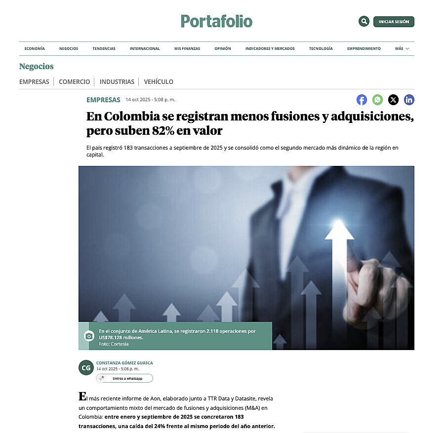 En Colombia se registran menos fusiones y adquisiciones, pero suben 82% en valor